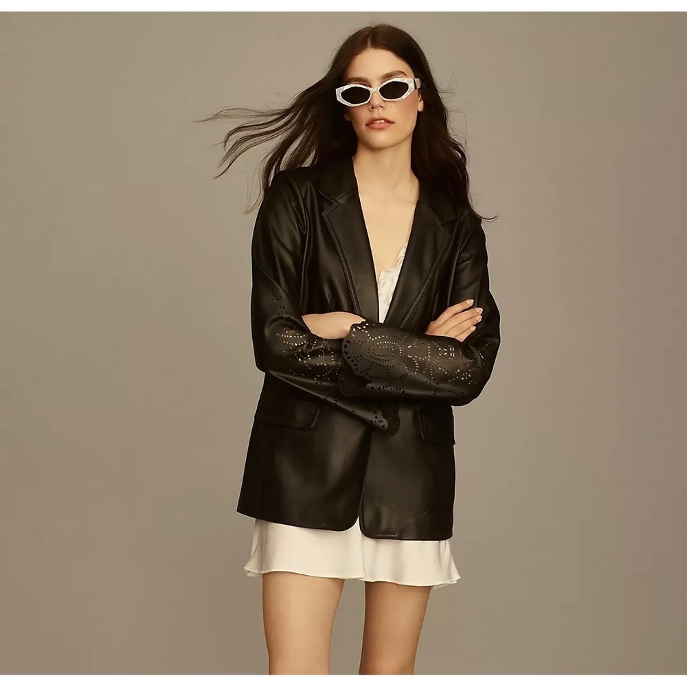 Maeve by Anthropologie Black Laser Cut Sleeve Faux‎ Leather Blazer Size 6